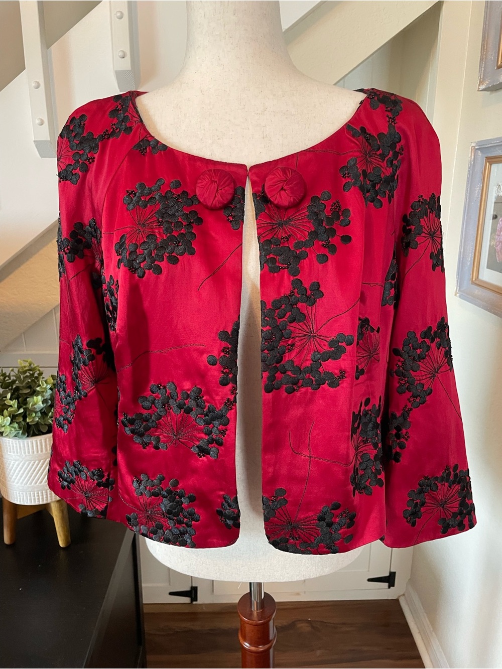 M&S Autograph Red Black Embroidered Evening Cropped Jacket Sz UK 16 / US 12